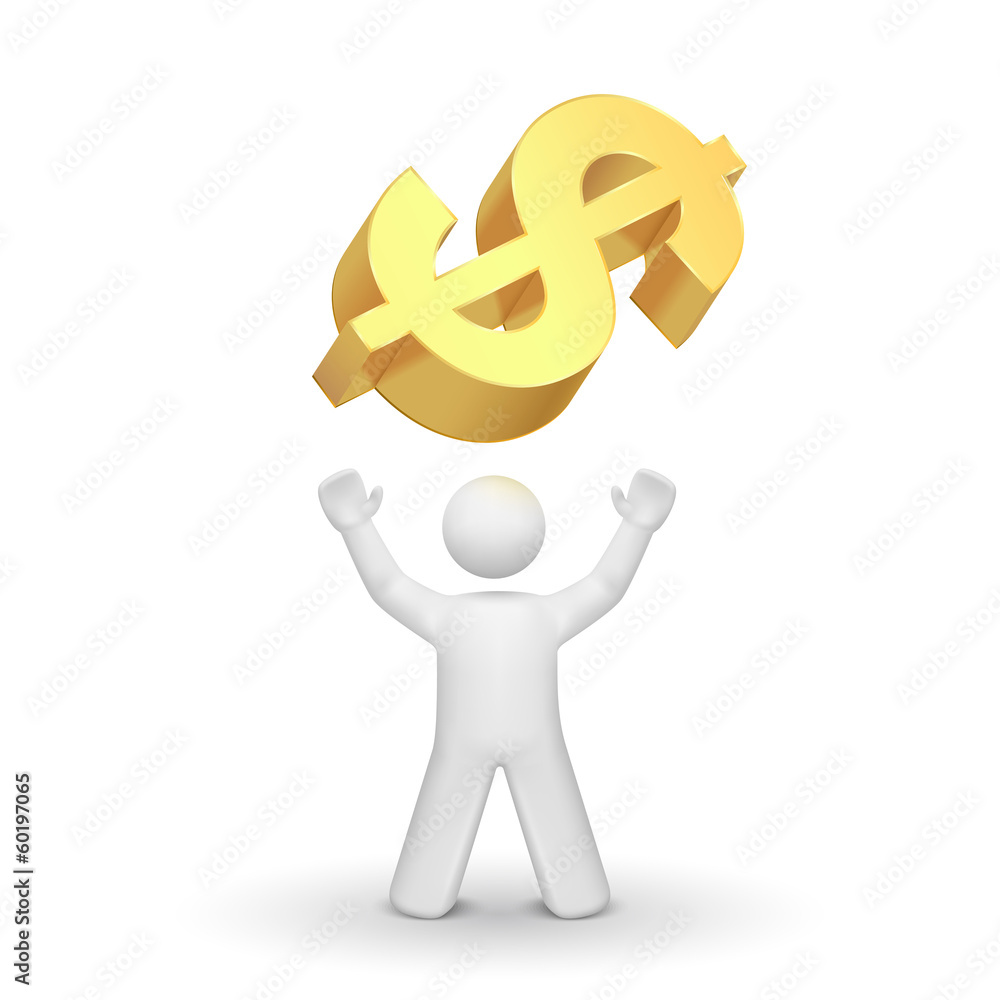 3d person looking up at a Currency symbol 3d person looking up at a Currency symbol