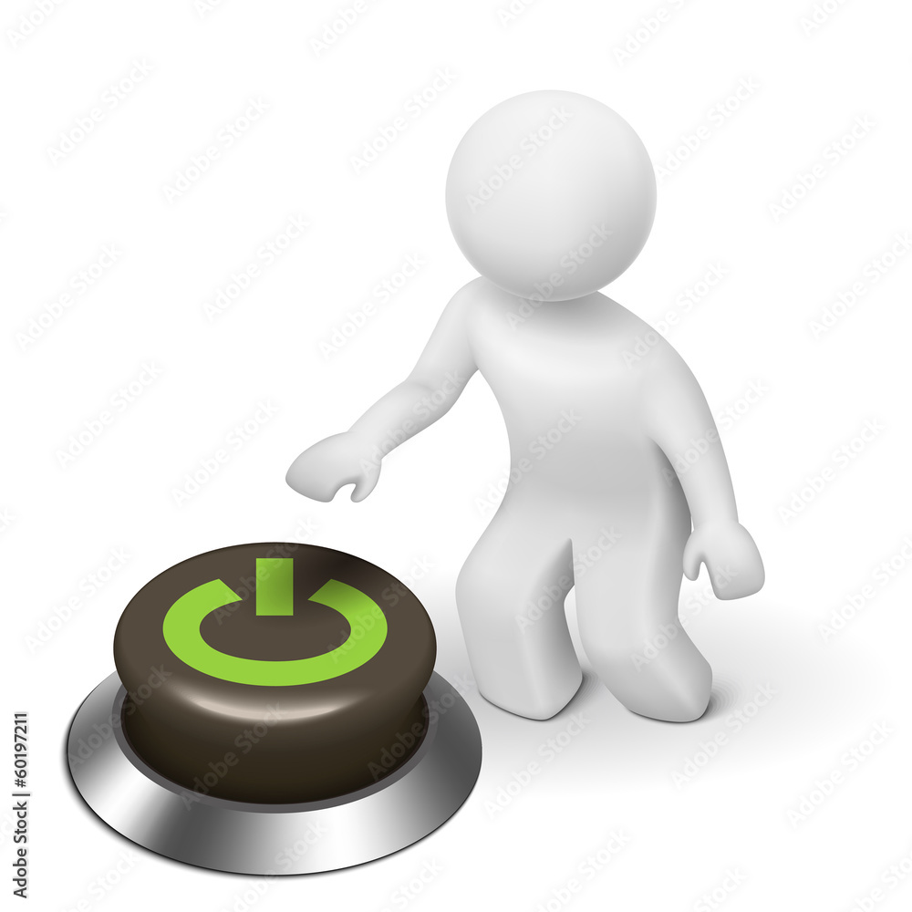 3d human character, person and a button with 3d human character, person and a button with