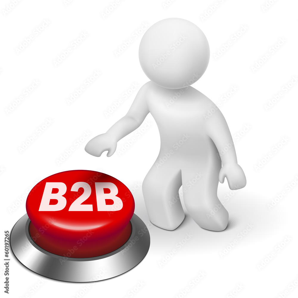 3d man with b2b ( business to business ) button 3d man with b2b ( business to business ) button