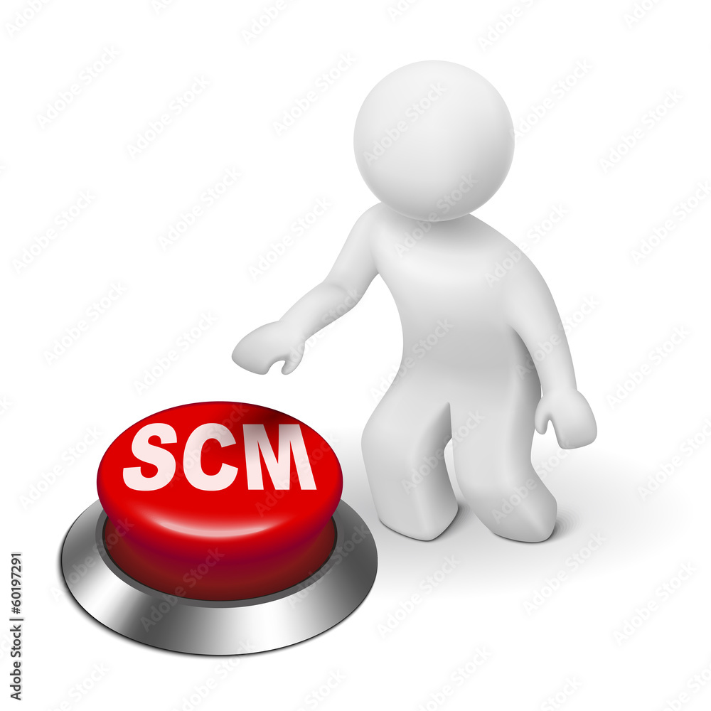 3d man with scm ( supply chain management ) button 3d man with scm ( supply chain management ) button
