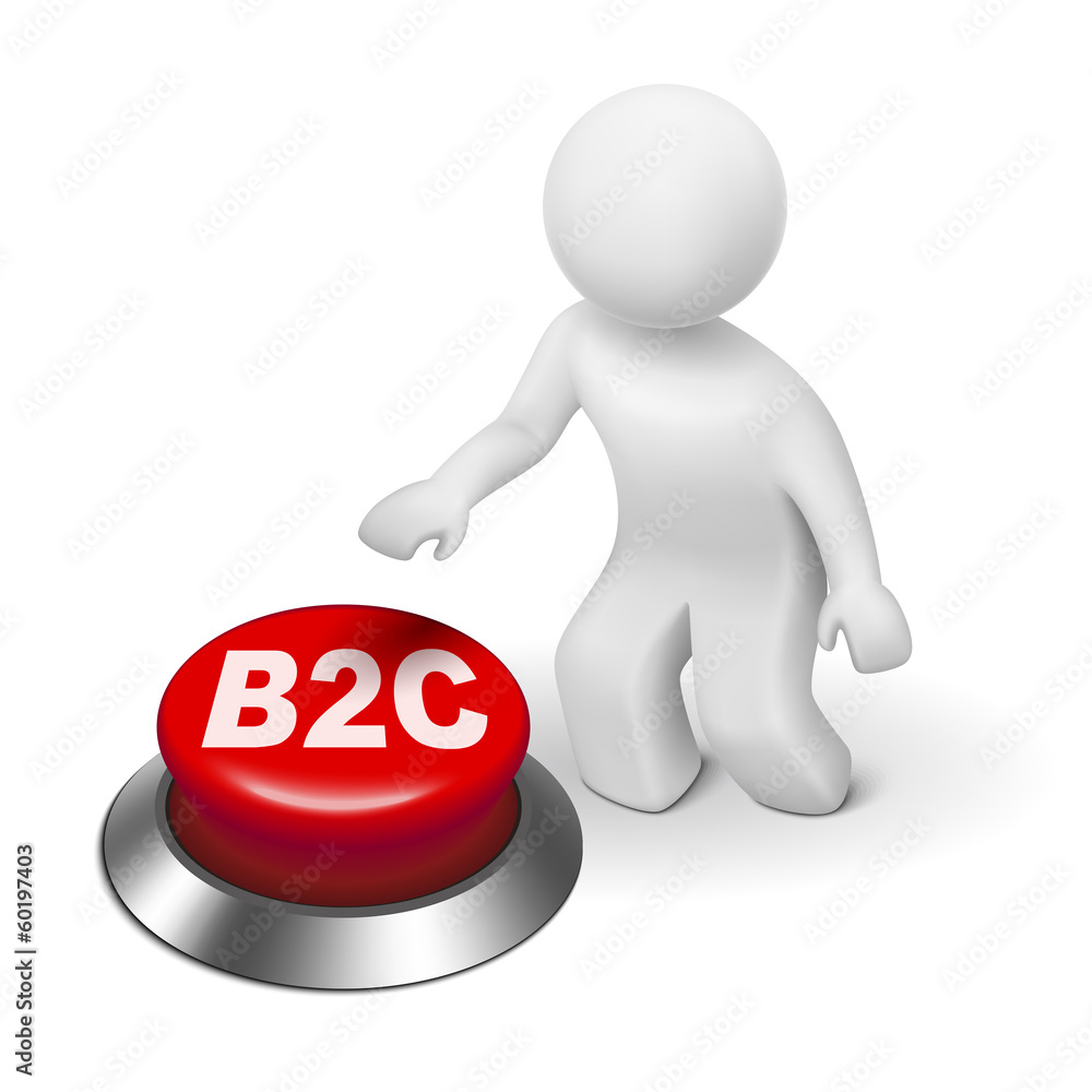 3d man with b2c ( business to consumer ) button 3d man with b2c ( business to consumer ) button