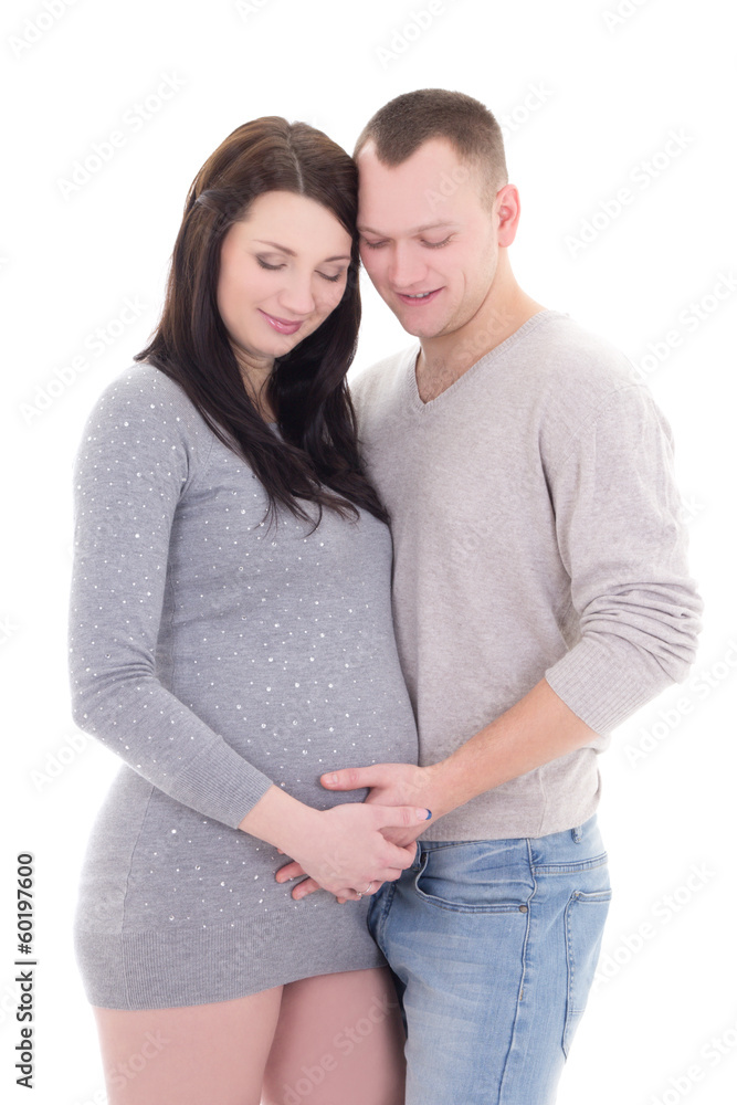 young daydreaming couple waiting baby isolated on white young daydreaming couple waiting baby isolated on white