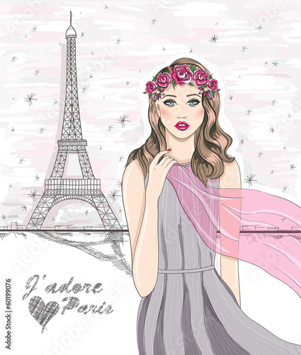 Girl near eiffel tower. Hand drawn Paris postcard.