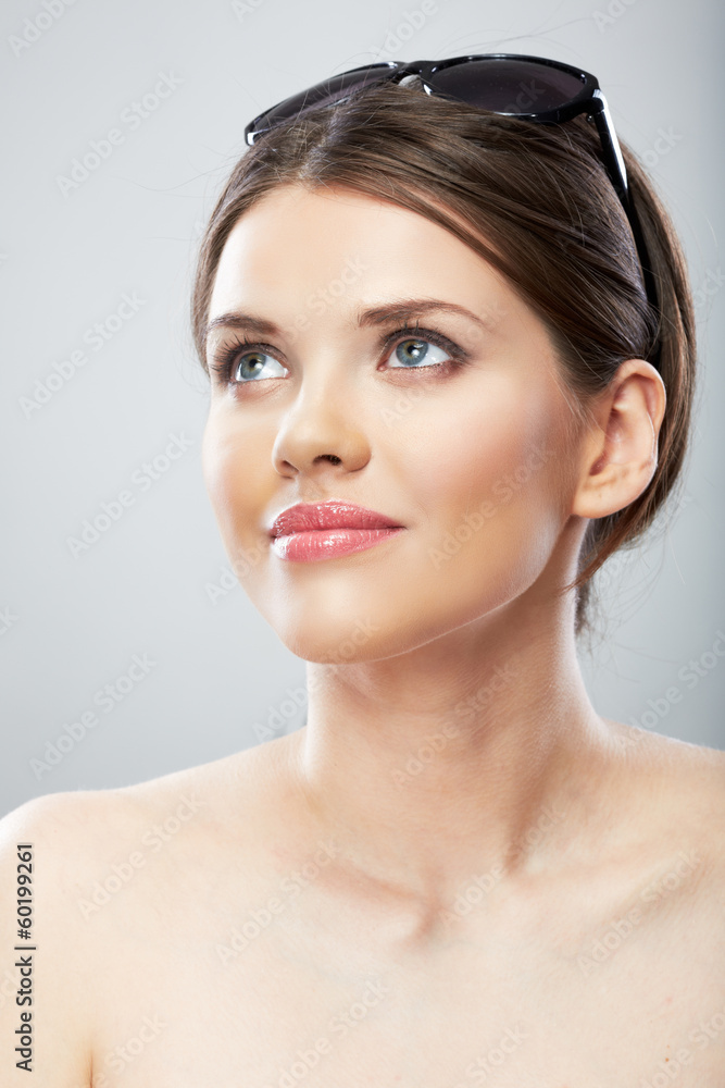 Smiling beautiful woman close up face portrait, sun glass.