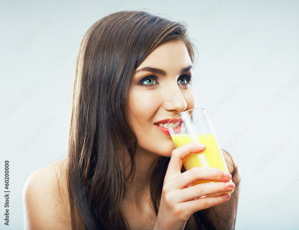 Young woman close up portrait drink juice