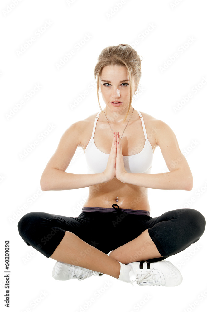woman meditating in yoga pose, isolated on white woman meditating in yoga pose, isolated on white