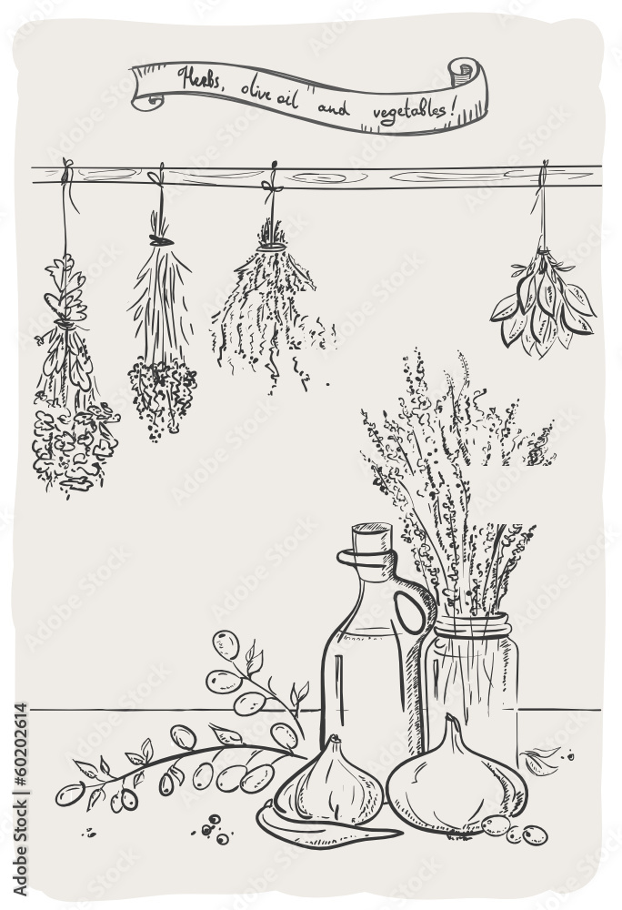 Graphic still life with bindings herbs and olive oil