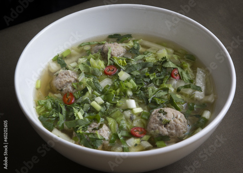 Thai noodle soup with meatballs