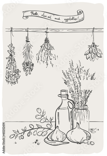 Graphic still life with bindings herbs and olive oil