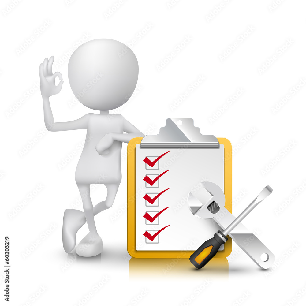 3d man showing okay hand sign with checklist and tools 3d man showing okay hand sign with checklist and tools