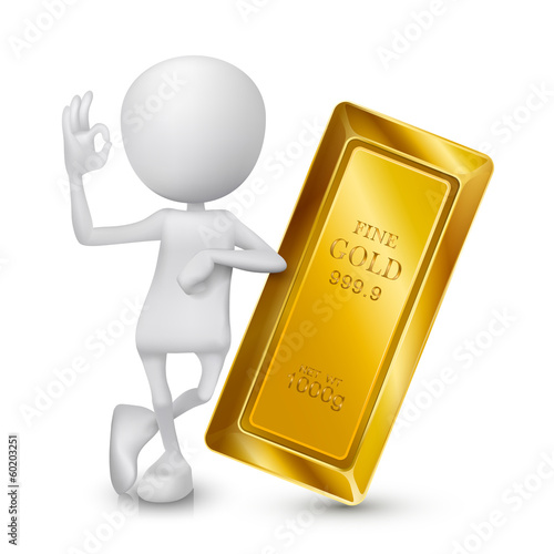 3d man showing okay hand sign with a golden bar