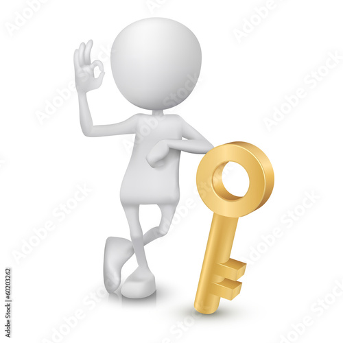 3d man showing okay hand sign with a golden key