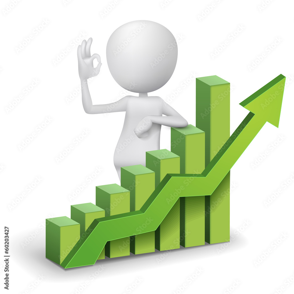 3d man showing okay hand sign with a bar chart graph 3d man showing okay hand sign with a bar chart graph