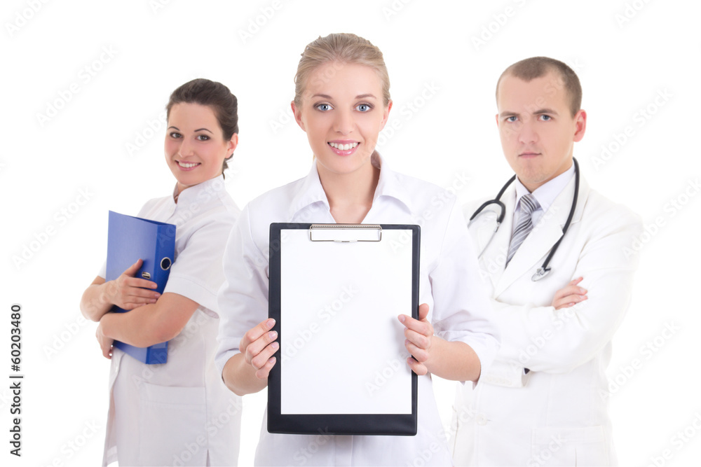 three young doctors isolated on white. copyspace