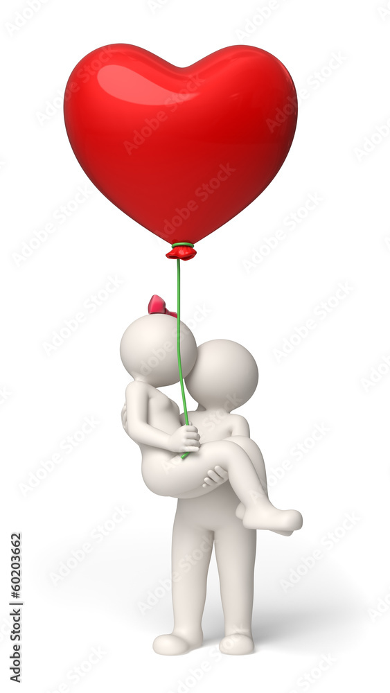 3d couple in love on Valentines day - red heart balloon 3d couple in love on Valentines day - red heart balloon
