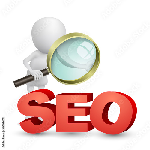 3d Man with a magnifying glass looking at the text SEO