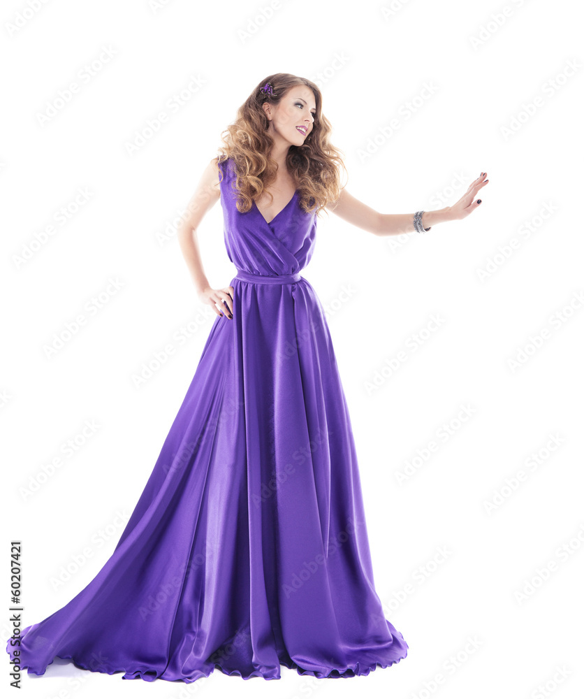 Woman showing advertisement in purple silk dress over white