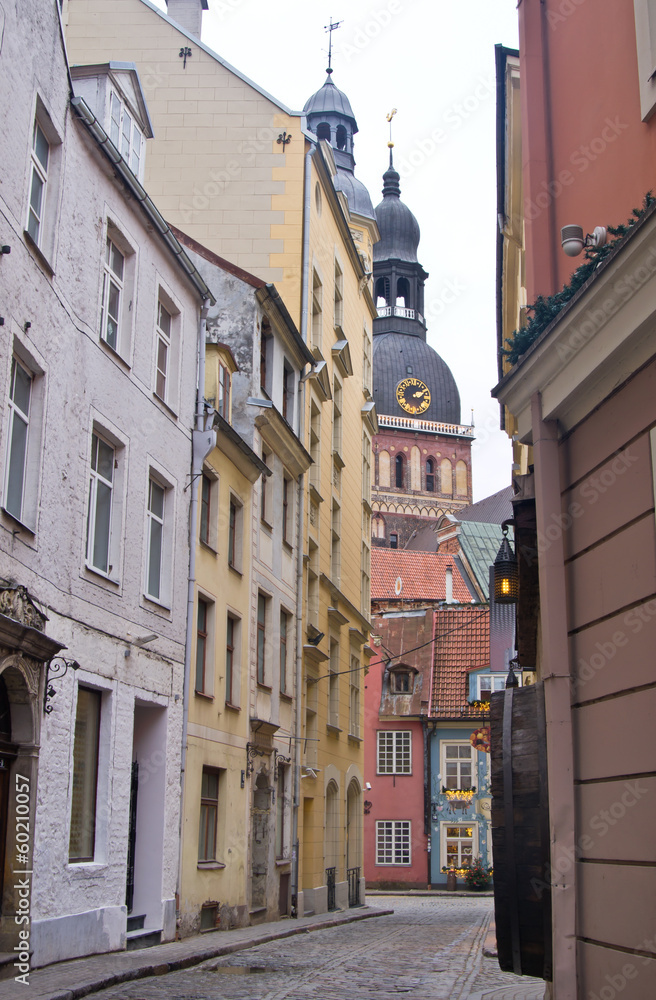 Narrow street in old city of Riga, Latvia