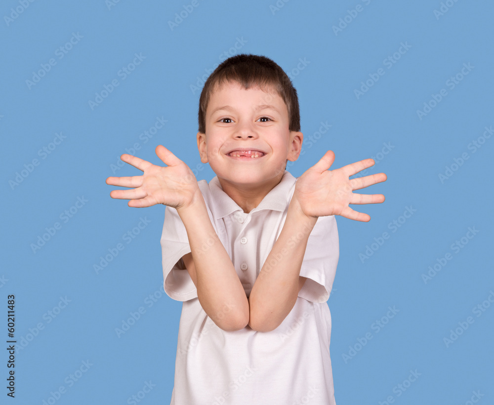 boy portrait in white shirt on blue boy portrait in white shirt on blue
