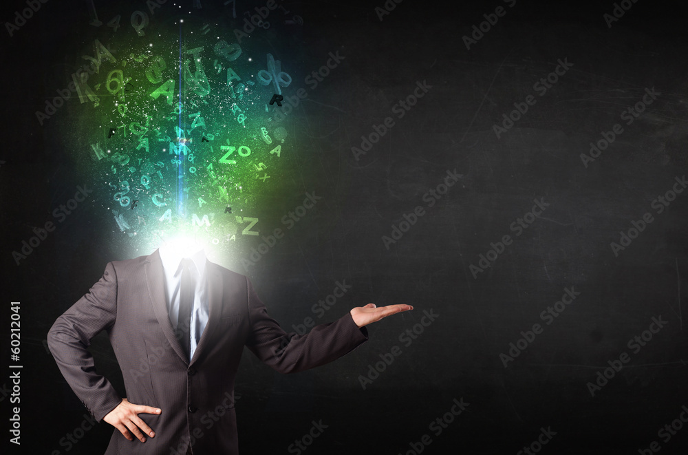 Business man with abstract glowing letters on head Business man with abstract glowing letters on head