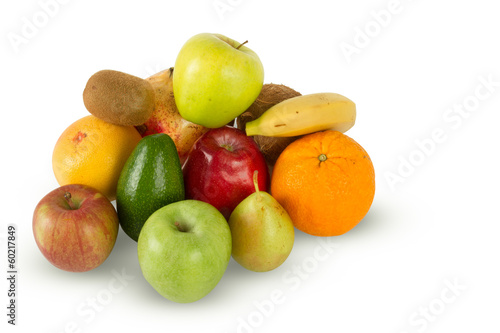 Fresh juicy fruit variety on white background
