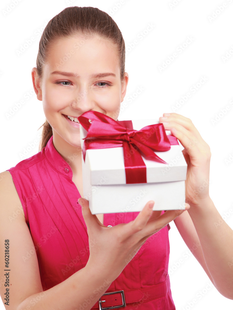 Woman holding gift box isolated on white background. Woman holding gift box isolated on white background.