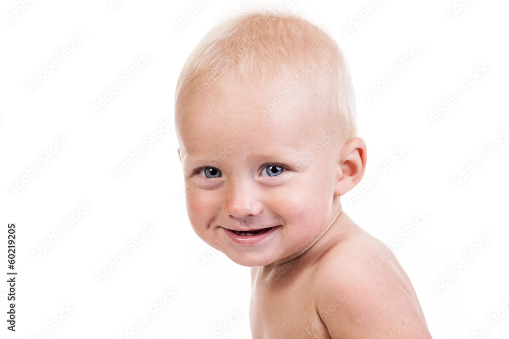 Portrait of a smiling nine-month old boy over white Portrait of a smiling nine-month old boy over white