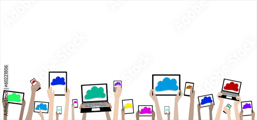 BYOD Children Hands with Computers and Clouds Banner