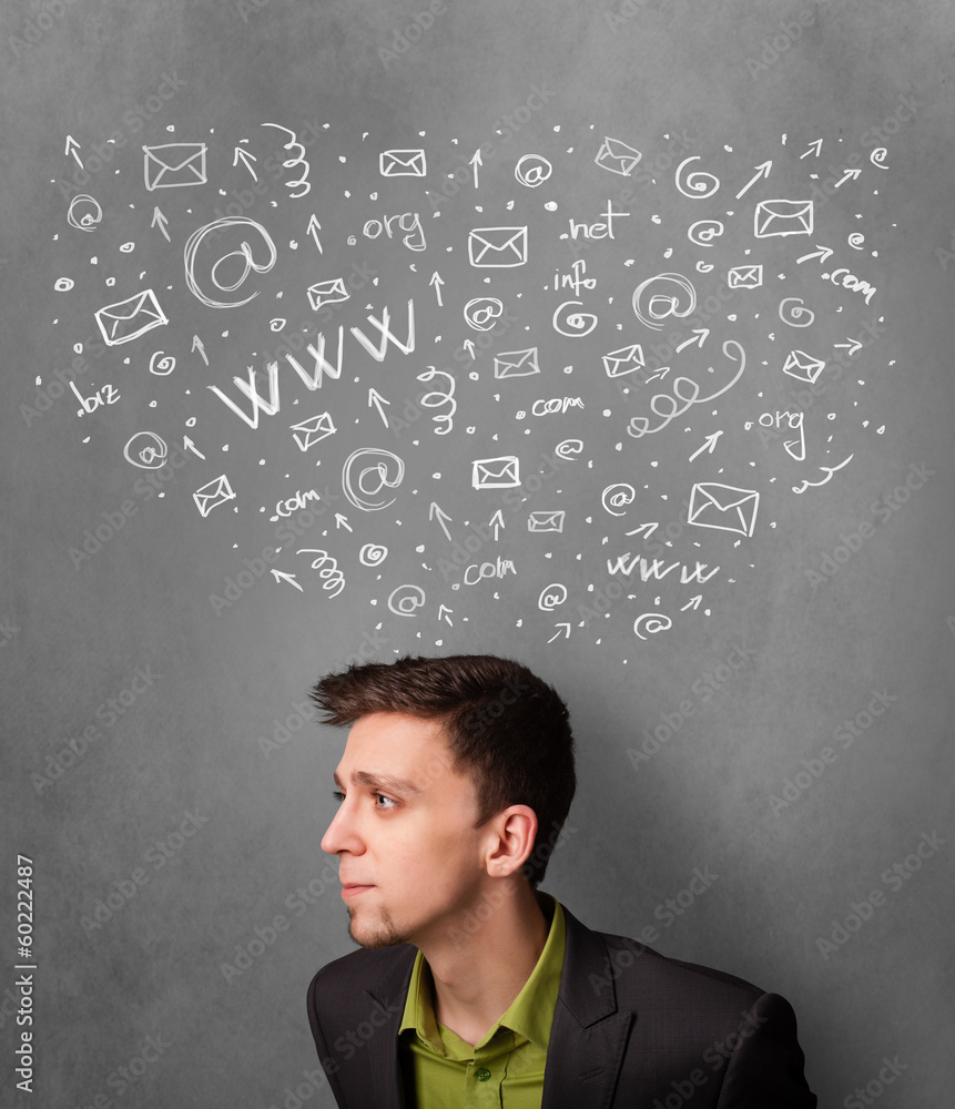 Businessman thinking with social network icons above his head Businessman thinking with social network icons above his head