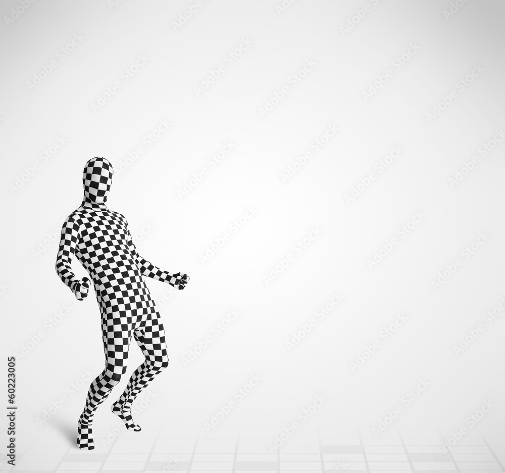 Fototapeta premium Funny guy in morphsuit body suit looking at copy space
