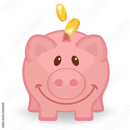 Happy piggy bank with coins