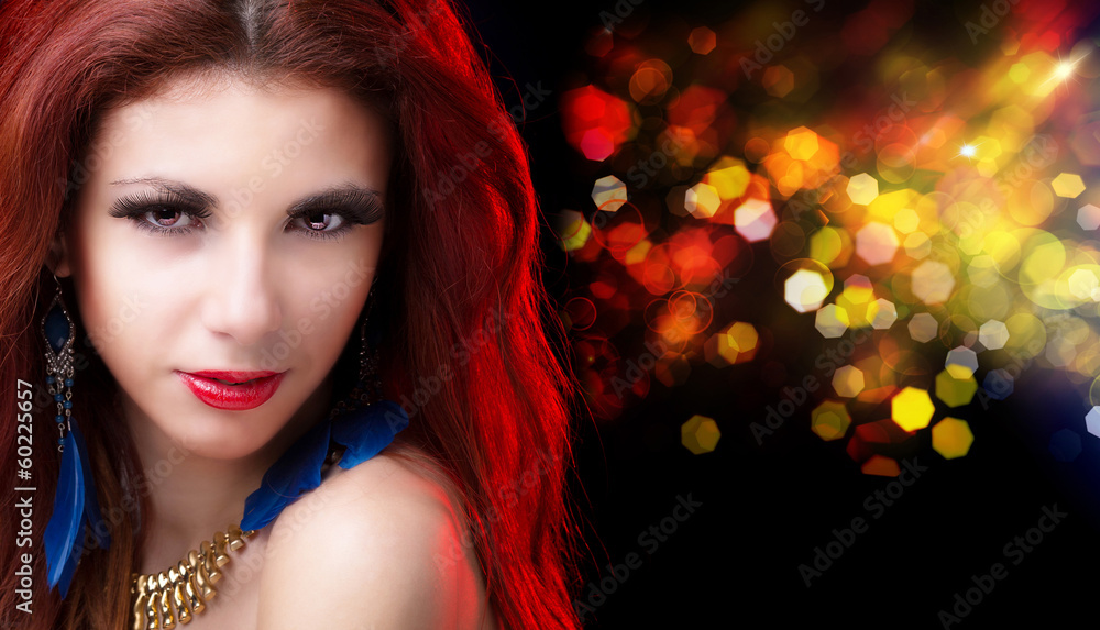 Glamour Beautiful Girl with Beauty Red Hair on the Night Party Glamour Beautiful Girl with Beauty Red Hair on the Night Party