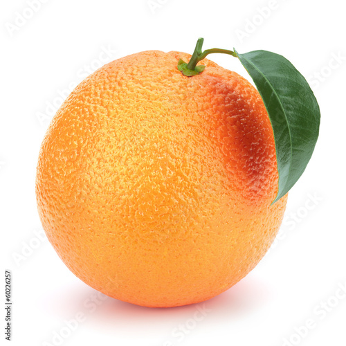 Ripe orange with leaf.