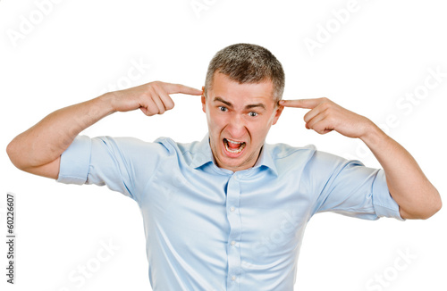 young man showing negative sign on white background
