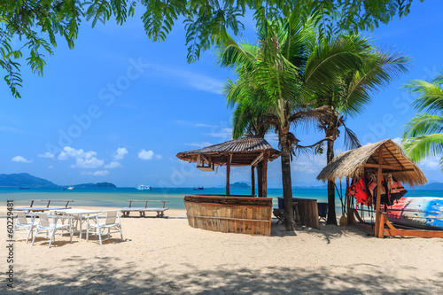 Baboo bar on white snad beach at tropical island