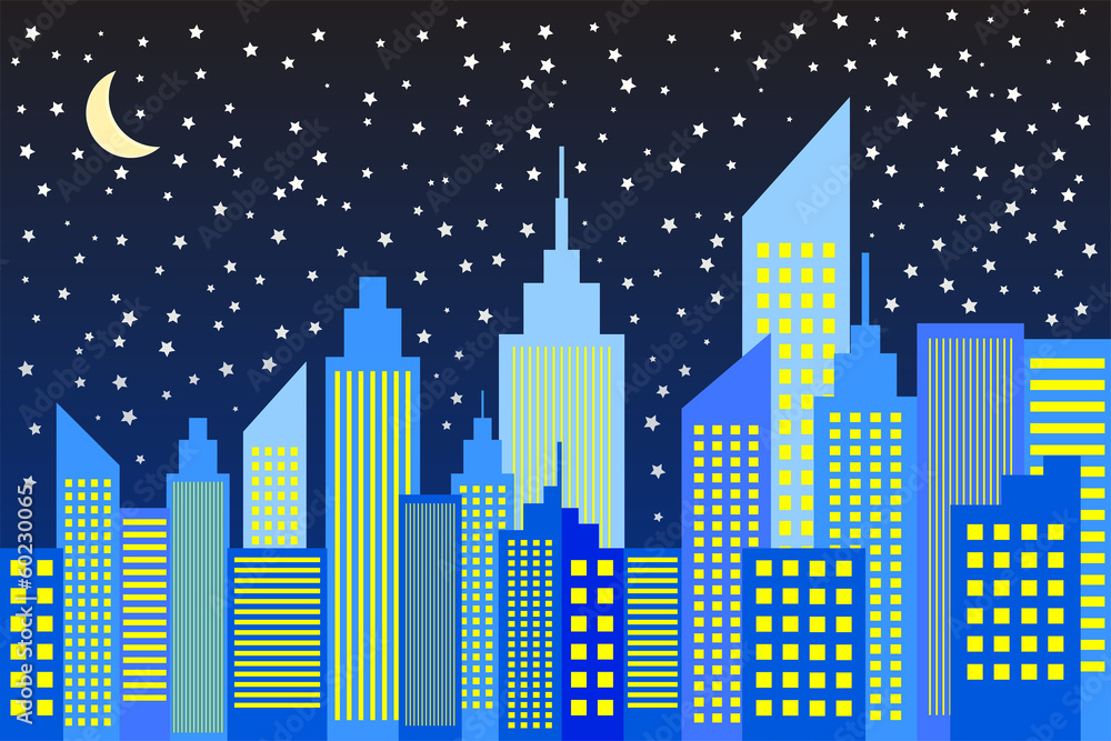 Fototapeta premium Modern City Skyscrapers Skyline In Night