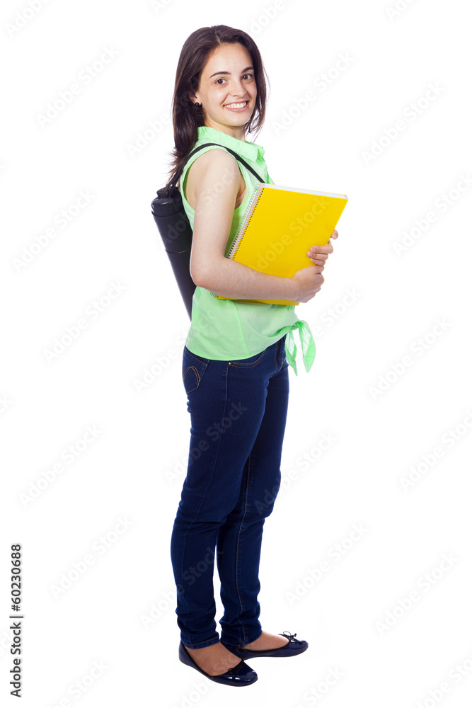 Happy female student carrying notebooks - isolated over a white Happy female student carrying notebooks - isolated over a white
