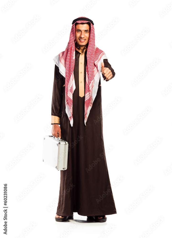 Young smiling arab with a aluminum case isolated on white