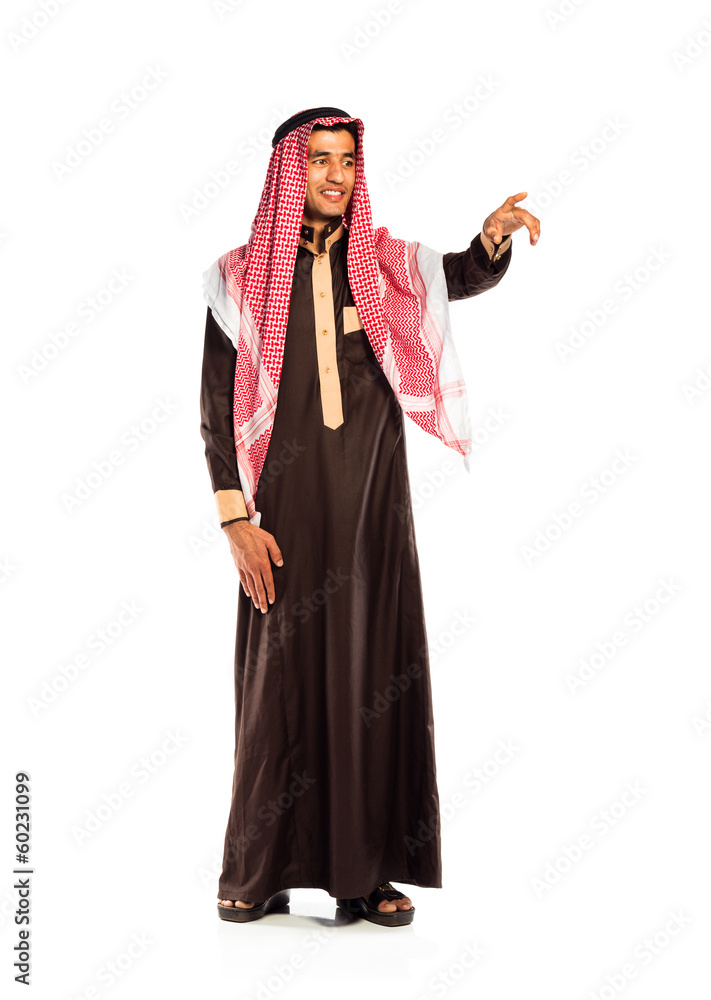 Obraz premium Arab man pressing virtual button on white