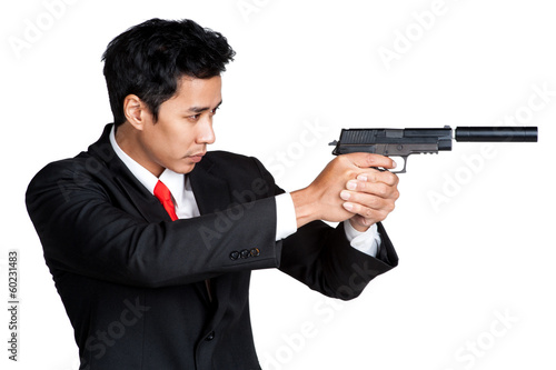business man holding gun shoot