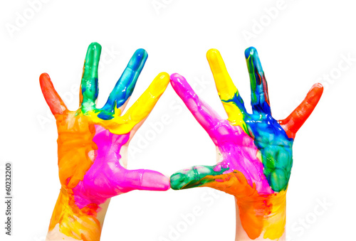 Painted child hands colorful fun isolated on white