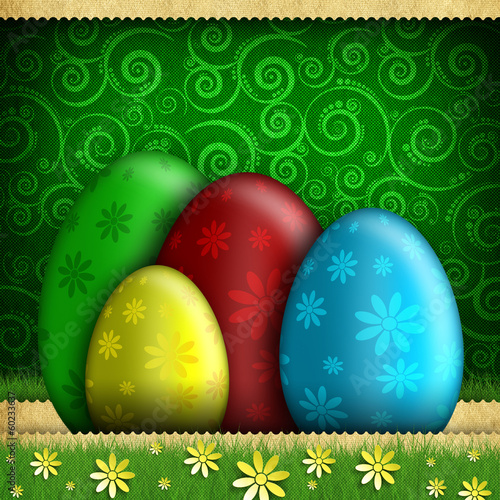 Happy Easter - colored eggs on patterned background