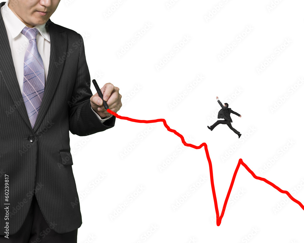 Businessman drawing growing red line another jumping over subsid Businessman drawing growing red line another jumping over subsid