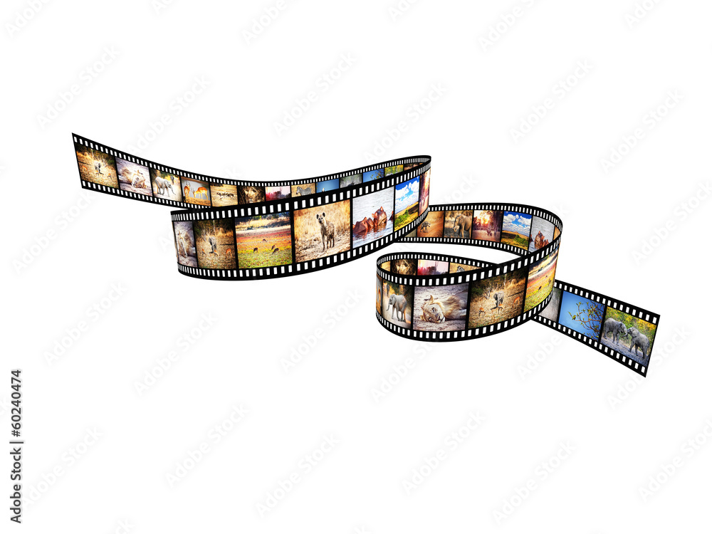 Obraz premium photographic film with different African animals on each frame, nobody around, isolated on white. travel and safari concept.