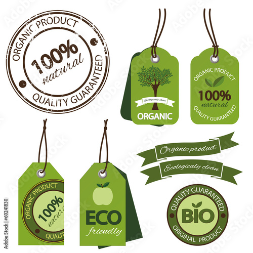 Set of bio, eco, organic labels, ribbon and stamp.