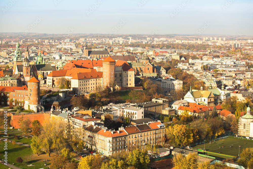 Aerial view of Royal Wawel castle with park and Vistula river .