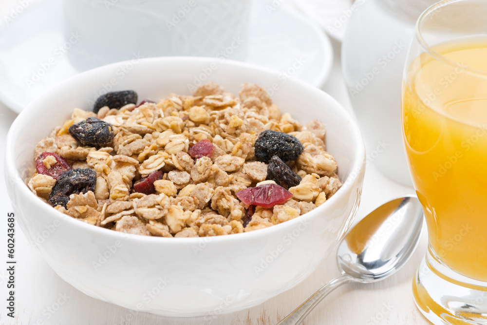 muesli and orange juice for breakfast muesli and orange juice for breakfast