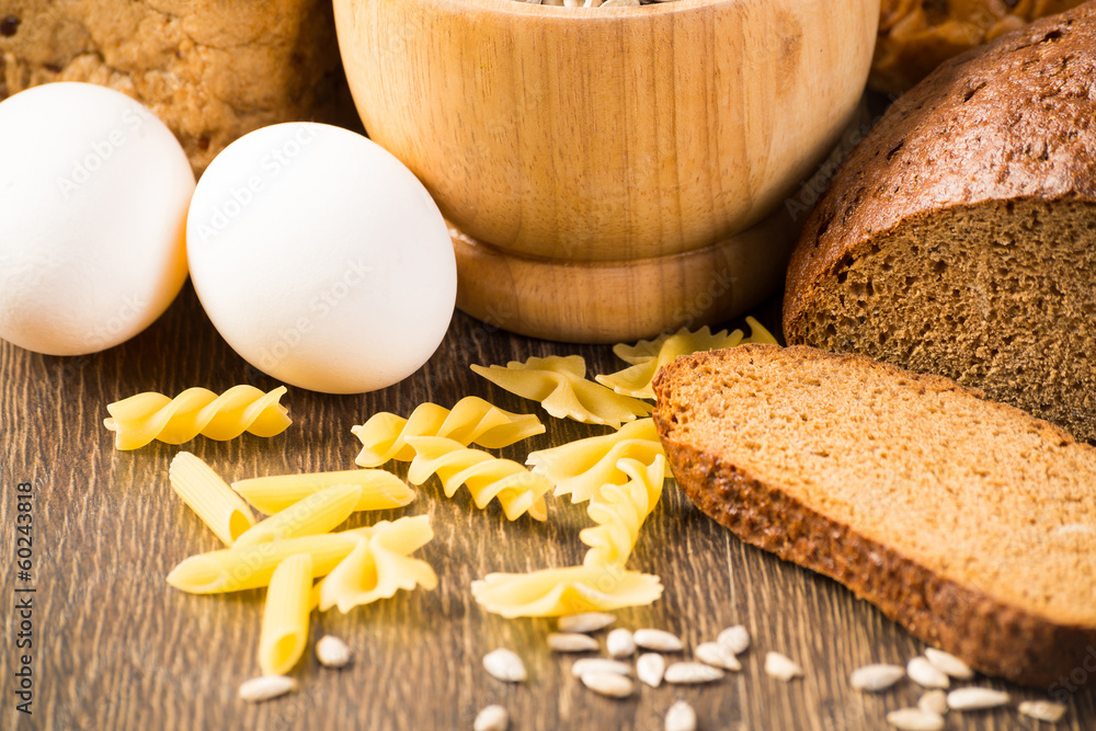 Fresh bread, eggs, pasta and grains Fresh bread, eggs, pasta and grains
