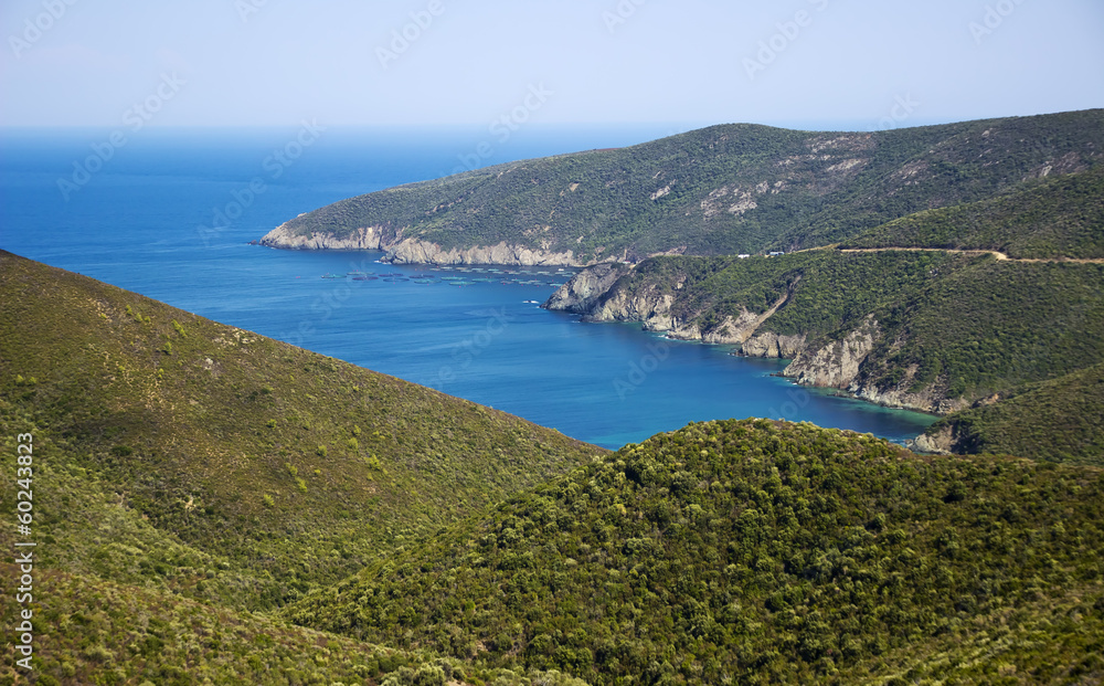 Beautiful landscape with blue bay and green hills