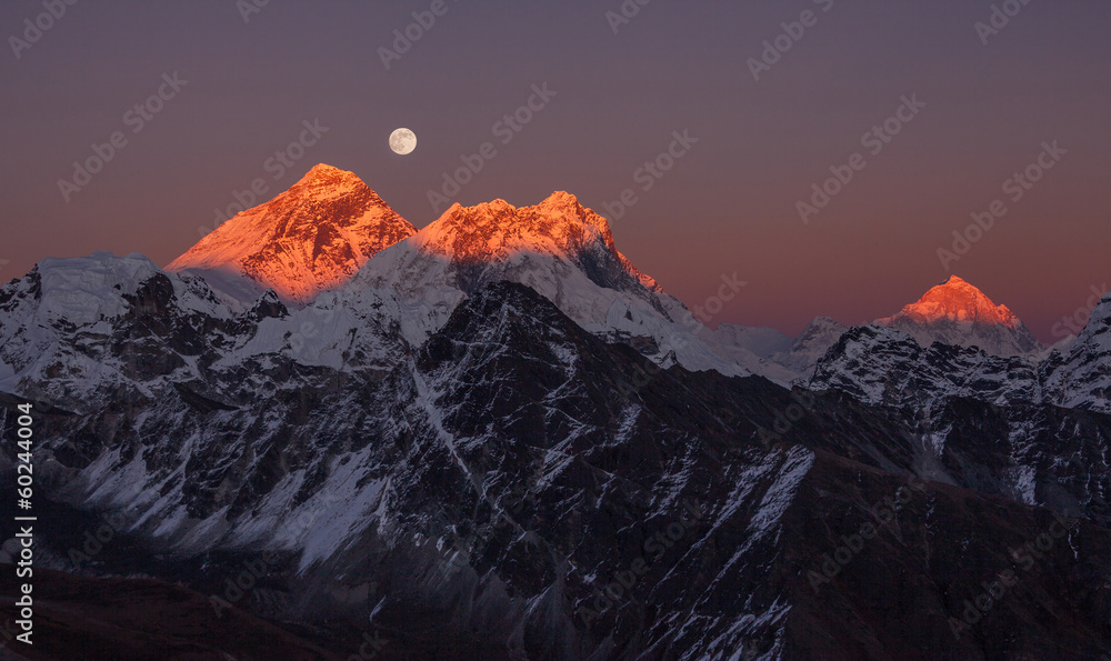 Mount Everest (8848 m) Makalu peak (8485 m) Sunset Full Moon.
